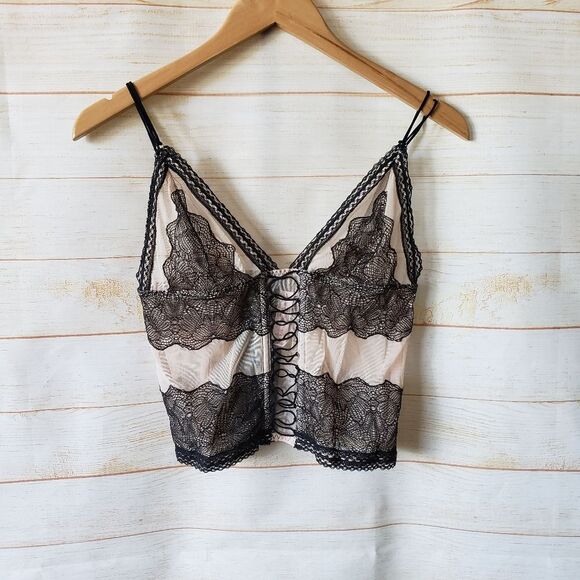 Victoria's Secret Sheer Mesh Floral Lace Up Bustier Corset Black Nude Size Large - Picture 2 of 10